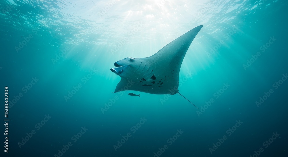 Obraz premium Underwater Manta Ray Gliding in Blue Ocean Depicting Aquatic Marine Life