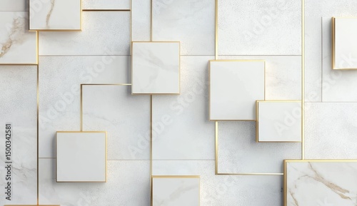 Abstract geometric pattern of white marble squares with gold lines
