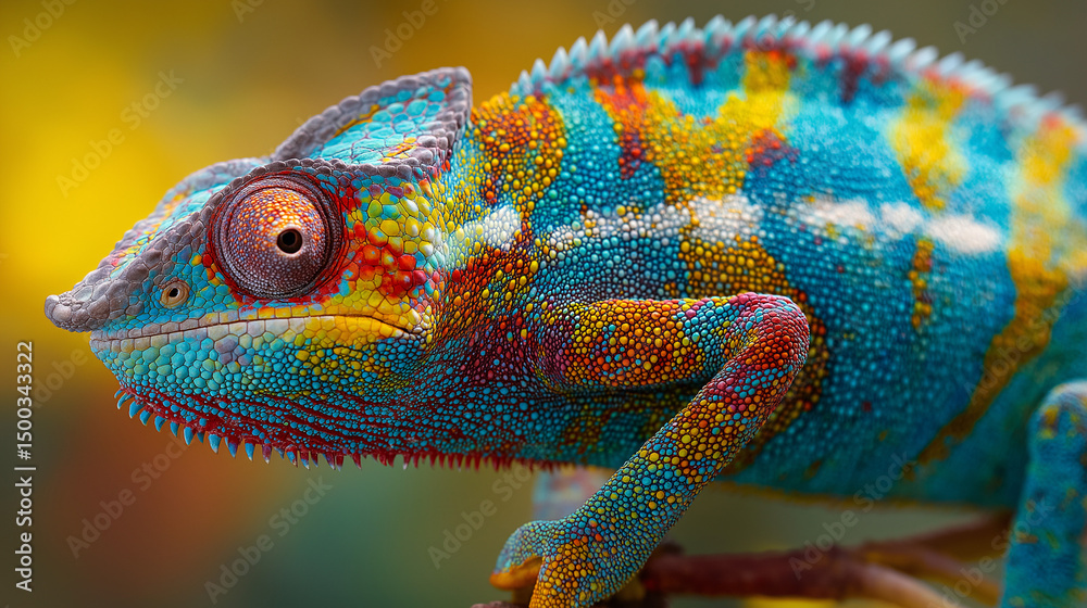 Fototapeta premium Close-Up Of Brightly Colored Chameleons Changing Shades A Fascinating Look At Nature's Mastery, Showing The Intricate Patterns And Textures Of Their Skin As They Adapt To Their Environment