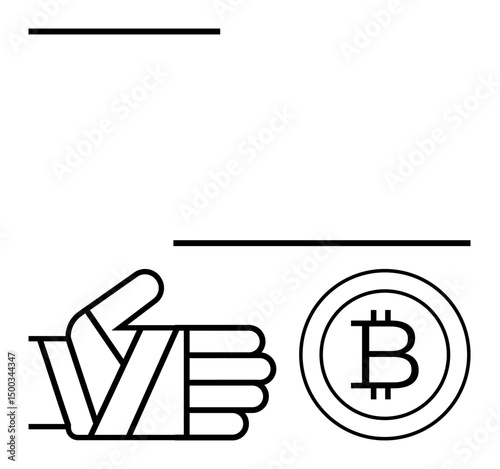 Hand wrapped in a bandage beside a Bitcoin coin representing financial aid, technology in recovery, cryptocurrency support. Ideal for finance, health, blockchain, injury care, digital aid, security