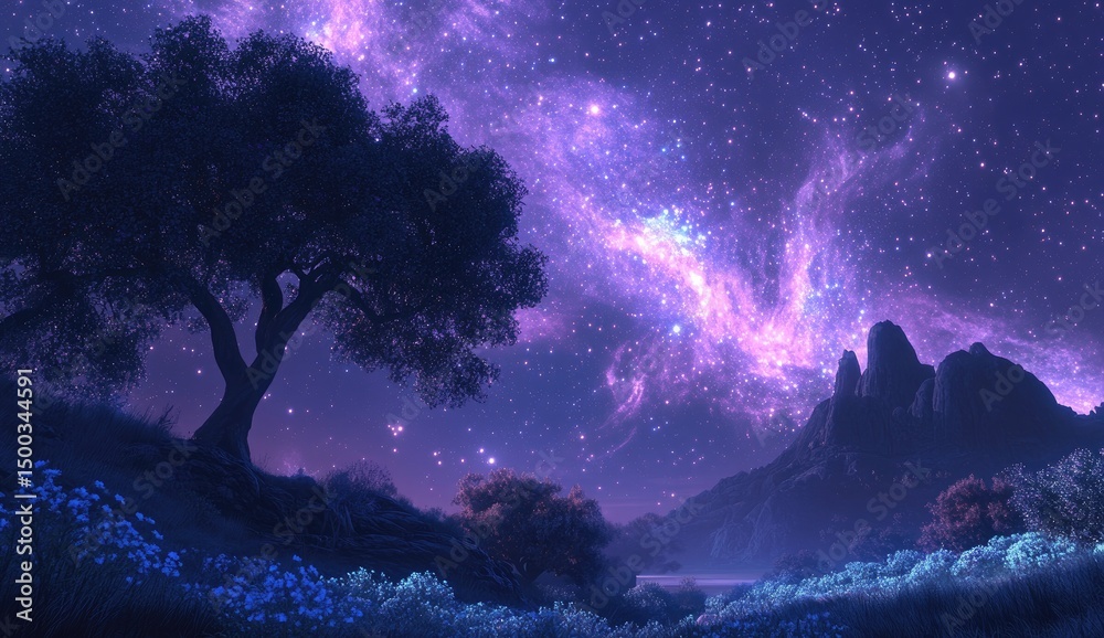 Fototapeta premium Night sky nebula, tree, mountains, landscape