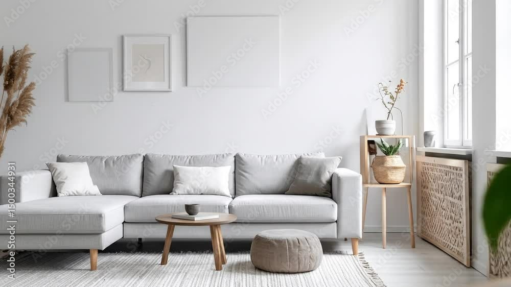 Modern scandianvian living room with design sofa with elegant blanket Modern scandianvian living room with design sofa with elegant blanket
