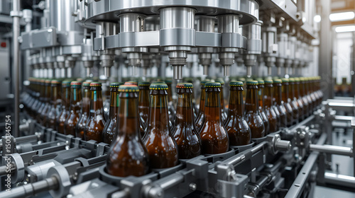 Fully automated bottling plant filling and capping bottles at high speed.