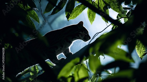Silhouette of margay Leopardus wiedii climbing tree in dense jungle low light and rich foliage catlike shadow