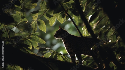 Silhouette of margay Leopardus wiedii climbing tree in dense jungle low light and rich foliage catlike shadow