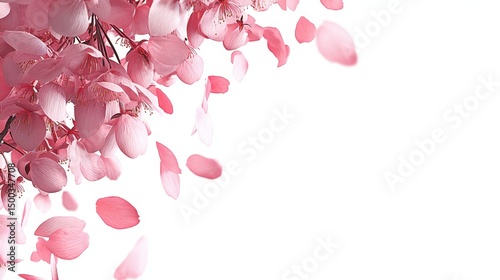 Petali di fiori rosa cadenti su sfondo bianco