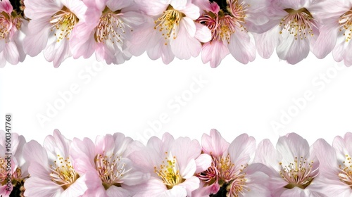 Cornice floreale di fiori di mandorlo rosa su sfondo bianco