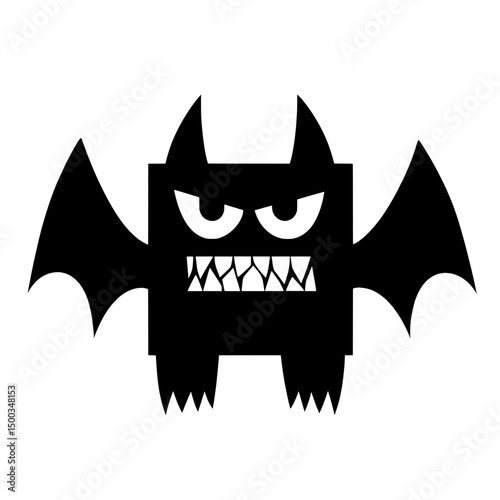 Flying bat icon with claws and aggressive eyes in dark rectangular monster cartoon silhouette