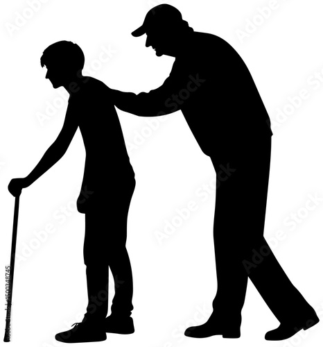 Silhouette of Elderly Man Assisting Young Person with Cane, Generational Care and Support Illustration