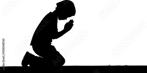 Silhouette of a Young Child Praying on Knees, Peaceful Spiritual Artwork