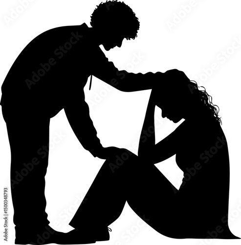 Silhouette of Emotional Support, Man Comforting a Distressed Woman, Mental Health and Empathy Concept