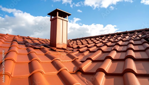 Red Tile Roof Chimney with Sunny Day.