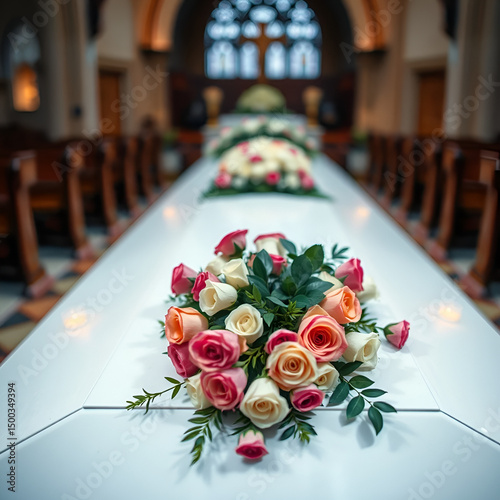 Closeup of white casket decorated with bouquet of roses in chapel. Funeral service. Religious ceremony. Condolences, mourning, sorrowful, grief concept. Flowers composition on coffin in church. Loss,