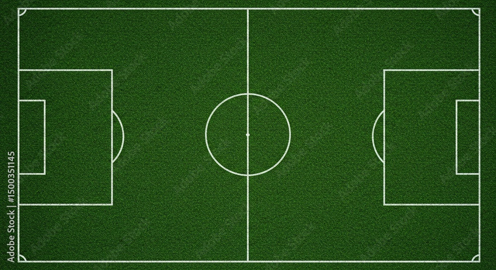 Obraz premium Overhead view of a vibrant green sports field, marked with precise white lines delineating the playing area and goal zones.