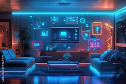 Futuristic living room with glowing tech interface