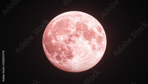 A full, pinkish-red moon against a black sky.  The moon's surface texture is visible, with varying shades of pinkish-red hues