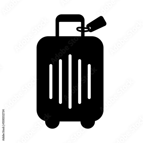 Simple black and white vector illustration of a suitcase with a travel tag. Ideal for travel apps, airport signage, baggage claim icons, and minimalist design themes.