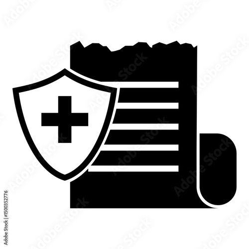 Medical document icon with shield and cross in black silhouette