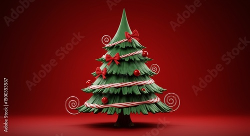 3D Illustration Of A Decorated Christmas Tree With Red And Green Details On A Red Background