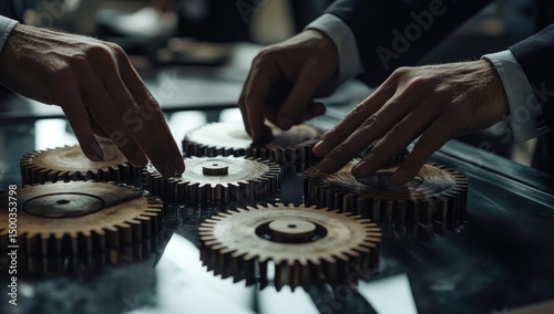 Close-up of hands arranging wooden gears on a table
