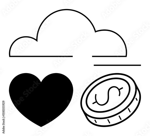 Simplistic cloud outline, filled black heart, and coin with dollar sign combine to represent connection, emotions, and finance. Ideal for cloud services, relationships, love, finance charity
