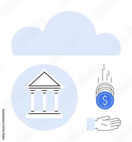 Cloud representing online storage, financial institution under circle, hand receiving falling coins. Ideal for finance, banking, digital saving, investments, fintech, wealth management simple