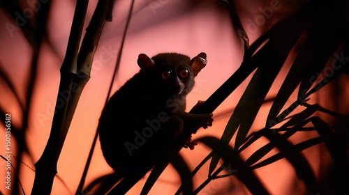 Silhouette of tarsier Tarsius syrichta perched on bamboo at twilight in a Southeast Asian forest big eyed shadow form tropical ambiance photo
