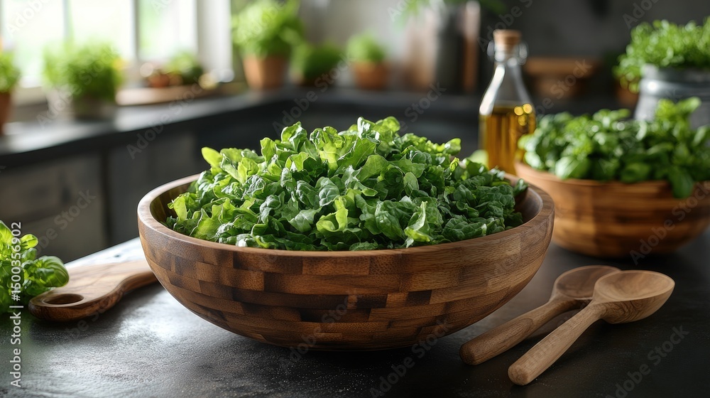 Fresh greens in a wooden bowl on a kitchen counter Fresh greens in a wooden bowl on a kitchen counter