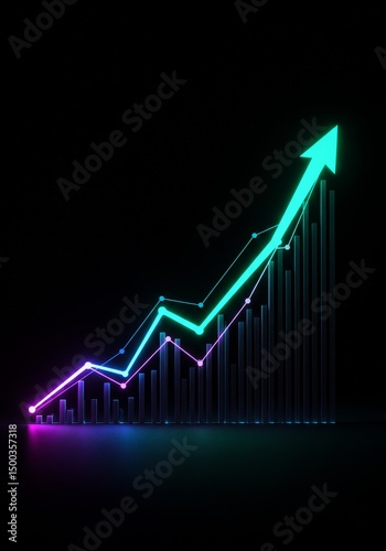 Abstract Digital Illustration of a Rising Chart with Neon Colors on Black Background