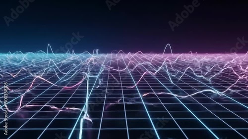 Abstract 3D Render of Sound Waveforms Animated on a Neon Glowing Grid