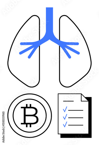 Lung diagram with blue airways, cryptocurrency icon, and checklist on paper. Ideal for healthcare, blockchain, finance, task organization, medical innovation, digital transformation flat simple