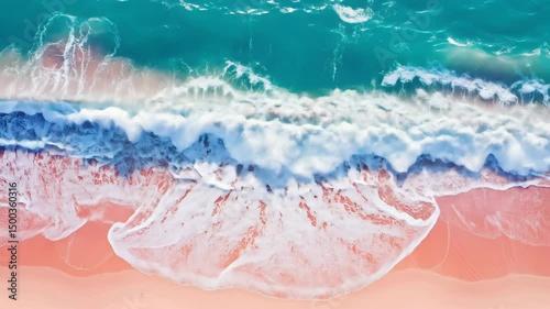 Aerial view of waves crashing on pink sand beach with turquoise ocean water