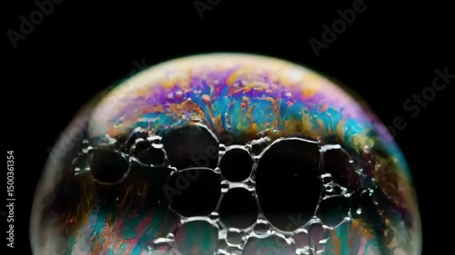 Close-up of a colorful soap bubble bursting and displaying iridescent colors on black