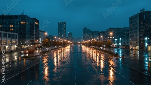 Wallpaper Mural Night Cityscape: Tranquil Rain-Kissed Streets Torontodigital.ca