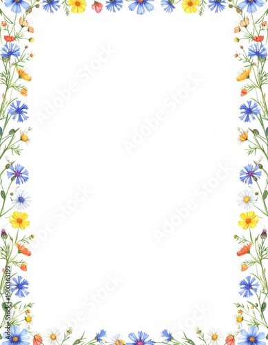 Floral border design with various wildflowers.  Colorful blossoms in a rectangular frame, perfect for a blank background