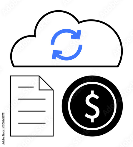 Cloud with sync arrows, document page, and dollar coin illustrating data backup, financial management, and digital transactions. Ideal for technology, finance, cloud services, savings business