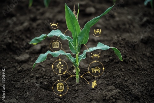 Young corn plant in a field, overlaid with technology icons