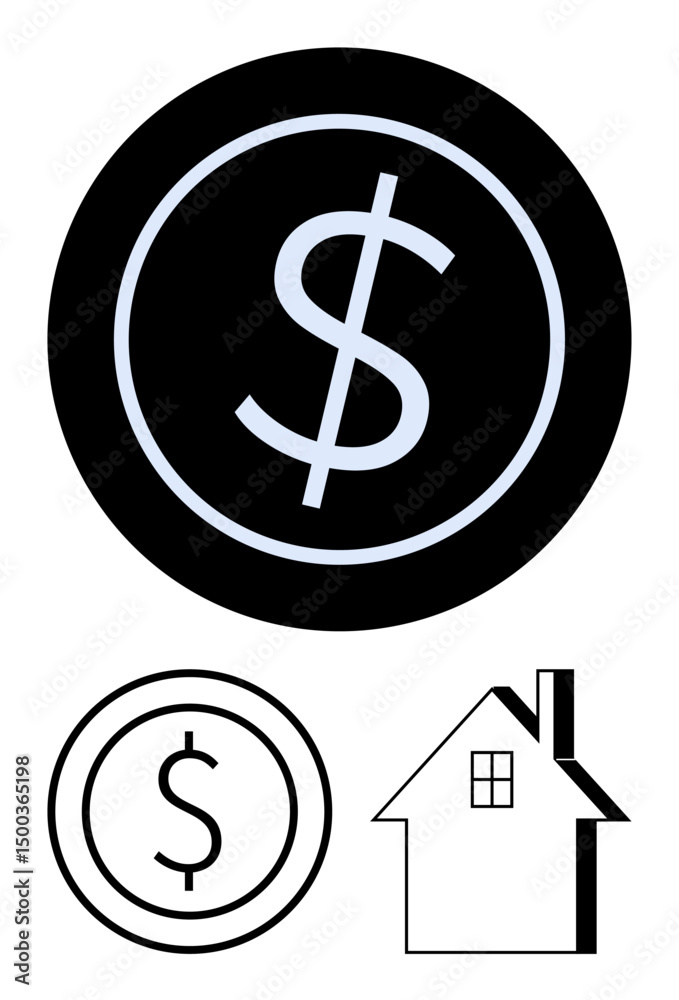 Obraz premium Dollar sign inside black and white circles next to minimal house outline. Ideal for real estate, finance, investment, home buying, savings, housing market, simple landing page