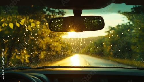 Sunset drive; raindrops on windshield