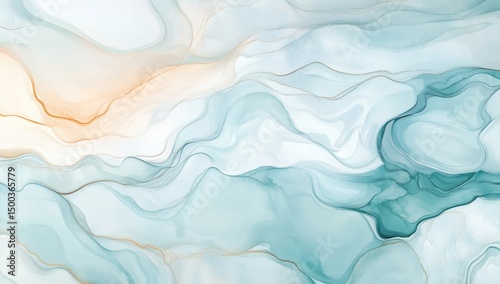 Abstract fluid art with flowing, light teal and gold veins