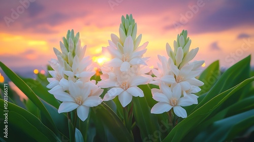 Tuberose Polianthes tuberosa white fragrant flowers blooming dusk in a tropical flower bed surrounded by wide green leaves and candlelit ambiance under purple skies