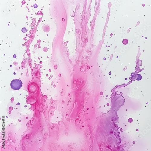 Abstract painting, vibrant pink and purple paint splatter and drips on white background