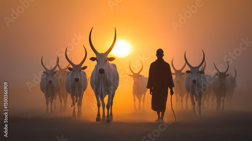 A tribesman stands among a herd of cattle in an open landscape. Generative AI. photo