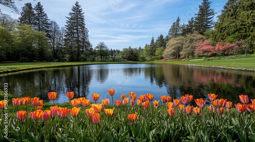 Tulips Tulipa gesneriana rainbow of colors growing organized botanical garden perfectly trimmed grass surrounded lush trees and a calm pond reflecting spring skies natural scene crisp and vivid colors photo