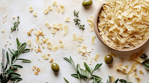 Wallpaper Mural Rustic Flat Lay of Dried Pasta and Italian Olives on Wooden Background Torontodigital.ca