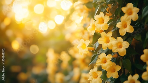 Yellow Jessamine Gelsemium sempervirens climbing along trellis in a backyard garden golden trumpet shaped flowers glowing in morning sunlight photo