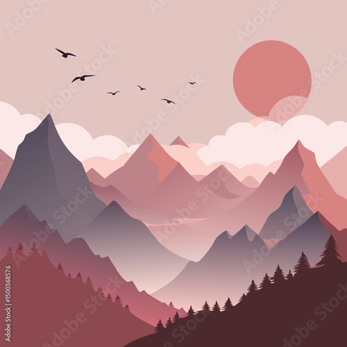 Misty mountains with gentle slopes and flock of birds in sunrise sky vector landscape background.