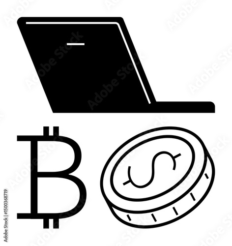 Laptop, Bitcoin symbol, and dollar coin showcasing the connection of technology, cryptocurrency, and financial transactions. Ideal for finance, blockchain, investment, e-commerce technology