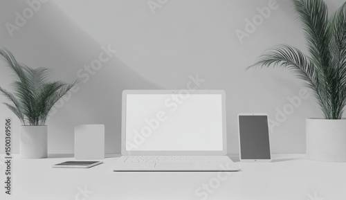 Wallpaper Mural Minimalist workspace with laptop, tablet, and plants Torontodigital.ca