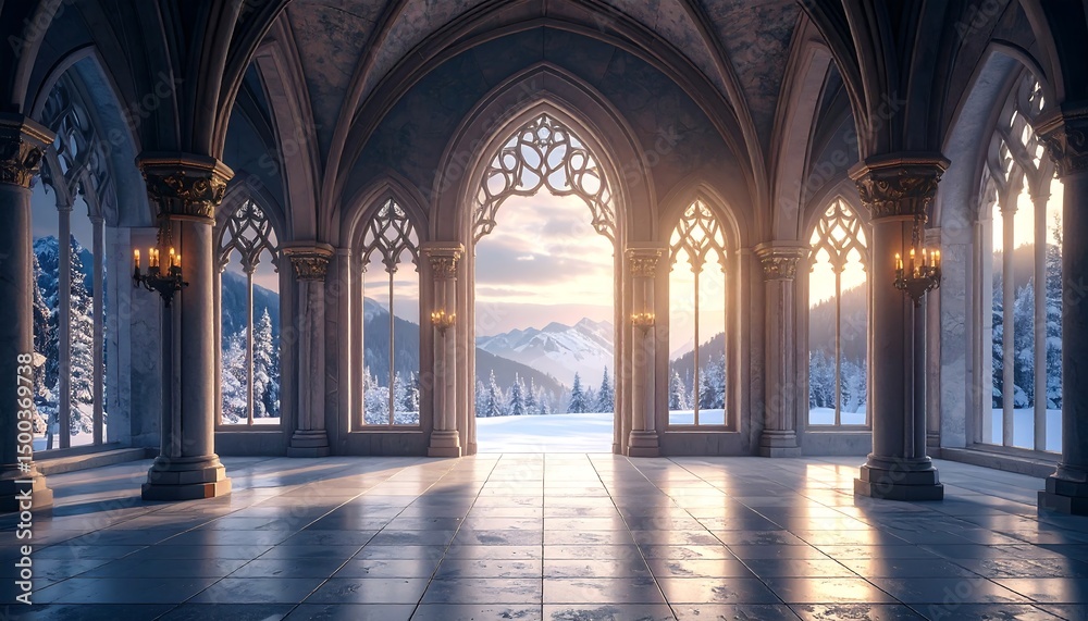 Obraz premium Gothic Hall Winter Sunrise View.